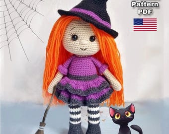 Halloween crochet pattern. Halloween doll amigurumi. Crochet witch pattern PDF tutorial. Crochet witch toy. Pattern in English.