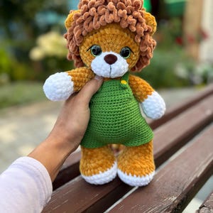 May include: A handmade crochet lion plush toy. The lion has a brown mane, orange body, white paws, and a green overall dress. The toy has large, expressive eyes and is being held up by a person.