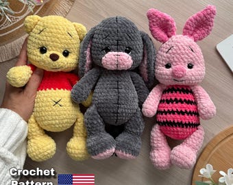 3 in 1 Yellow bear, Piglet and Donkey crochet pattern, pattern amigurumi, Crochet pattern in English PDF.