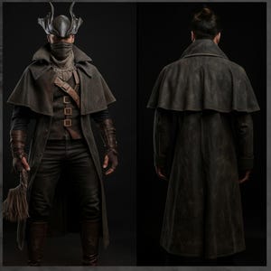 Bloodborne Hunter Cosplay Leather Coat, Distressed Long Trench Coat, Game Duster Coat, Leather Cape With Coat for Halloween US trending