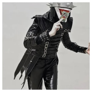 Black Leather Gothic Clown Jumpsuit: Victorian Jester Costume