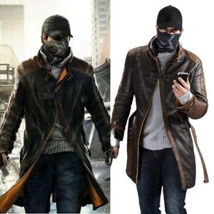 Aiden Pearce Watch Dogs Coat Mens Brown Leather Trench Real Faux Leather Cosplay Overcoat Long Stylish Gamer Jacket trending stylish gift