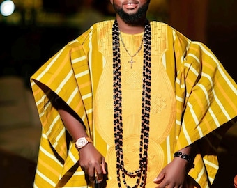 Conjunto de 4 peças Asooke Agbada para Homens | Traje Africano Masculino para Casamento | Roupa Africana Masculina | Agbada para Padrinhos | Traje Tradicional de Casamento