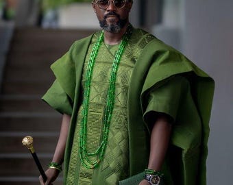 Conjunto de 4 peças Asooke Agbada para Homens | Traje Africano Masculino para Casamento | Roupa Africana Masculina | Agbada para Padrinhos | Traje Tradicional de Casamento