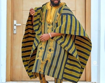 Conjunto de 4 peças Asooke Agbada para Homens | Traje Africano Masculino para Casamento | Roupa Africana Masculina | Agbada para Padrinhos | Traje Tradicional de Casamento
