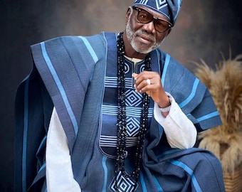 Conjunto de 4 peças Asooke Agbada para Homens | Traje Africano Masculino para Casamento | Roupa Africana Masculina | Agbada para Padrinhos | Traje Tradicional de Casamento