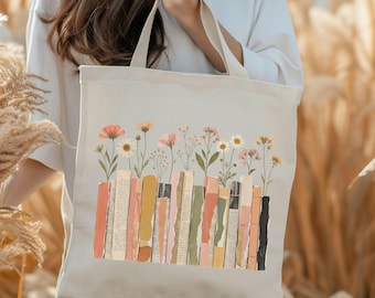 Sac fourre-tout bibliothèque floral, cadeau amateur de livres fleurs sauvages pour elle, sac de bibliothèque esthétique, fourre-tout en toile livresque Cottagecore, cadeau de bibliothécaire de lecteur