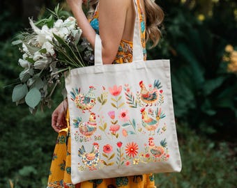 Colorful Chickens Canvas Tote Bag, Whimsical Farm Animal Artwork, Everyday Casual Bag