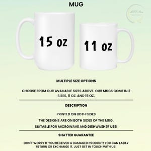 Puede incluir: Dos tazas de cer&aacute;mica blancas, una etiquetada "15 oz" y la otra "11 oz". La imagen incluye texto que indica que las tazas est&aacute;n disponibles en varios tama&ntilde;os y son aptas para microondas y lavavajillas. Las tazas tienen un asa.