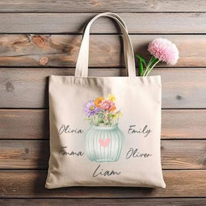Borsa tote con fiori per la nascita da donna / Borsa tote in tela personalizzata per lei / Regalo floreale personalizzato per il mese di nascita per lei / Regalo per damigella d&#39;onore per l&#39;addio al nubilato