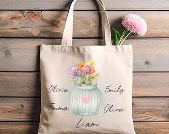 Personalized Birth Flower Tote Bag | Custom Canvas Zipper Tote