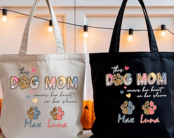 Bolsa de tela personalizada para mamá perruna, bolsa con nombre personalizado para mascotas, esta mamá perruna lleva el corazón en la manga, regalo para amantes de los perros, bolsa de lona