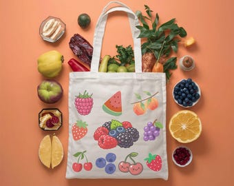 Sac fourre-tout aux fruits, Joli sac du marché aux fraises et aux cerises, Cabas de courses esthétique, Sac en toile réutilisable, Fruits d'été, Produit respectueux de l'environnement