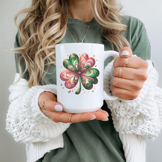 St Patricks Day Mug, Lucky Shamrock Coffee Mug, Cute Saint Patrick’s Party Cup, Four Leaf Clover Irish Retro Gift