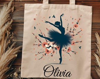 Sac fourre-tout personnalisé ballerine : nom personnalisé, motif floral