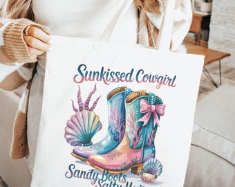 Sac fourre-tout de plage cow-girl, cabas cow-girl bronzé, sac fourre-tout sur la côte ouest, sac de plage d'été, cadeau pour fille de la campagne, cabas de vacances cheveux salés