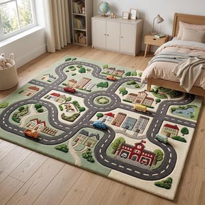 Hand Tufted Kids City Road Rug, 3D Carved Town Play Mat, Green Car Track Wool Carpet, Nursery Playroom Town Map Area Rug
