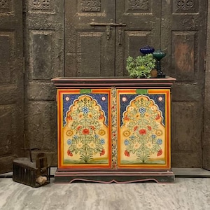 Hand-Painted Wooden Sideboard | Indian Vintage Cabinet | Boho Buffet Table | Colorful Storage Furniture | Ethnic Accent Piece Home Decor