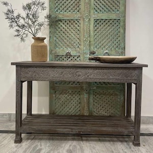 Vintage Style Console Table | Carved Wooden Indian Console | Rustic Entryway Table | Intricate Handcrafted Decor | Boho Accent Furniture