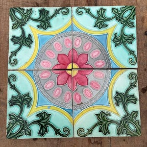 Rare Vintage Majolica Tiles - Set of 4 Handcrafted Ceramic Wall Art Tiles - Large Floral Design - Decorative Art Pottery Home Décor