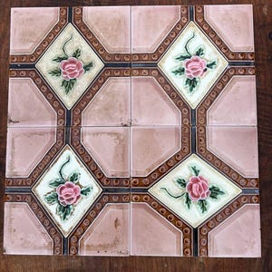 Rare Vintage Majolica Tiles - Set of 4 Handcrafted Ceramic Wall Art Tiles - Large Floral Design - Decorative Art Pottery Home Décor