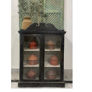 Wooden Glass Display Cabinet | Solid Wood Curio Cabinet with Glass Door | Elegant Farmhouse Display Case | Rustic Storage Furniture