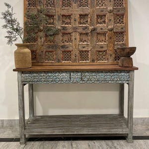 Vintage Style Console Table | Carved Wooden Indian Console | Rustic Entryway Table | Intricate Handcrafted Decor | Boho Accent Furniture