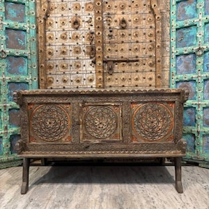 Antique Wooden Damchiya Chest – Hand-Carved Indian Sideboard | Vintage Storage Cabinet for Entryway, Living Room, or Bedroom Decor