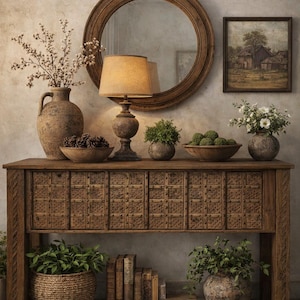 May include: A rustic wooden console table with decorative carved panels, topped with a lamp, mirror, and various decorative items. The decor includes vases, bowls, and a framed painting, creating a warm, inviting atmosphere.