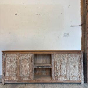 Rustic Carved Wooden TV Console | Distressed Media Cabinet | Handcrafted Sideboard Credenza | Farmhouse Boho Entertainment Unit