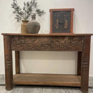 Vintage Style Console Table | Carved Wooden Indian Console | Rustic Entryway Table | Intricate Handcrafted Decor | Boho Accent Furniture