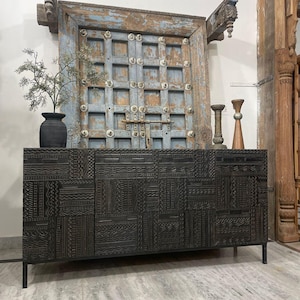 Modern Tabwa Carved Mango Wood Sideboard – Handcrafted Wooden Storage Cabinet with Intricate Geometric Detailing