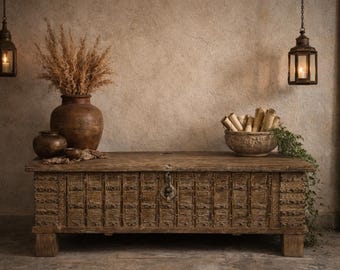 Vintage White Carved Wooden Trunk Coffee Table | Rustic Storage Chest | Boho Indian Blanket Box | Distressed Accent Table