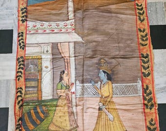 Pittura Basholi Pichwai vintage: arte del tempio indù dipinta a mano