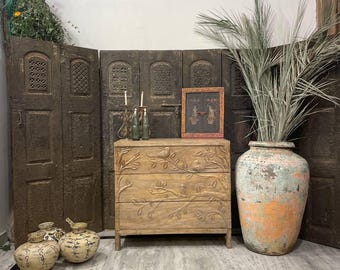 Hand Carved Bird Cabinet: Modern Tree Motif Wood Storage