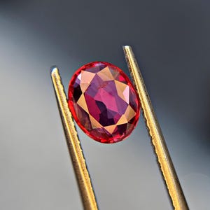 Puede incluir: Una piedra preciosa de corte ovalado con un tono rosa rojizo vibrante y una superficie multifacetada, sostenida firmemente por unas pinzas metálicas. La piedra muestra tonos carmesí profundos y reflejos brillantes en sus facetas.