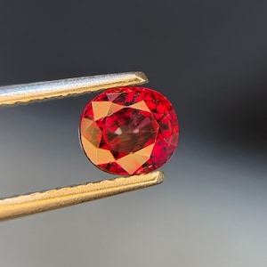 Puede incluir: Una gema roja vibrante de corte ovalado con una superficie facetada que refleja la luz, sostenida por unas pinzas metálicas. La piedra muestra tonos carmesí profundos y claridad interna, exhibiendo un corte geométrico preciso y acabado pulido.