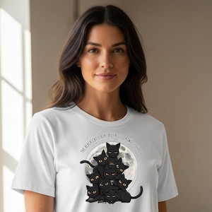 The Black Cat Stack Shirt, Funny Cat Lover Gift, Black Cat Meme T-Shirt, Celestial Moon Cat Tee, Cute Mischievous Kitty Graphic Shirt