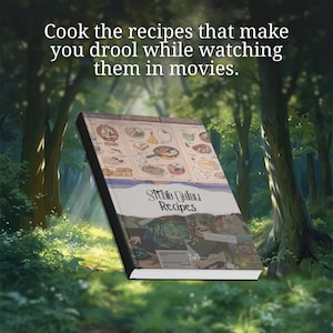 May include: A cookbook titled "Studio Ghibli Recipes" with illustrations of various dishes. The cover features a collage of food images and the text "Cook the recipes that make you drool while watching them in movies."