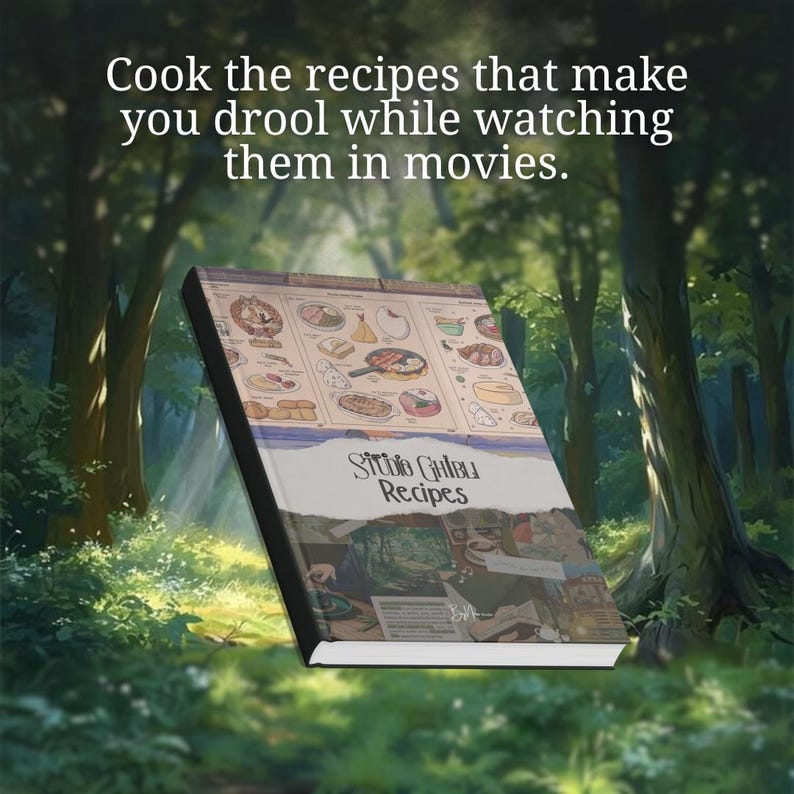 May include: A cookbook titled "Studio Ghibli Recipes" with illustrations of various dishes. The cover features a collage of food images and the text "Cook the recipes that make you drool while watching them in movies."