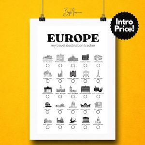 Europe Travel Tracker Poster: Printable Bucket List Wall Art (Digital Download A3/A4/PNG)