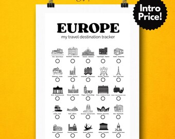 Europe Travel Tracker Poster: Printable Bucket List Wall Art (Digital Download A3/A4/PNG)