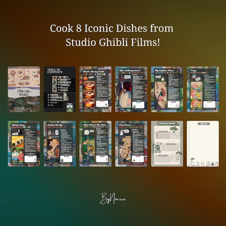 May include: A collection of recipe cards featuring iconic dishes from Studio Ghibli films. The cards include images and text, with titles like "Bacon & Eggs" and "Spirited Away". The text "Cook 8 Iconic Dishes from Studio Ghibli Films!" is at the top.