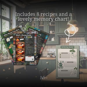 May include: A collection of recipe cards and a memory chart. The recipe cards feature colorful illustrations and text, including "Bacon & Eggs" and "Nigiri." The memory chart is light green with illustrations and the text "Memory Chart."