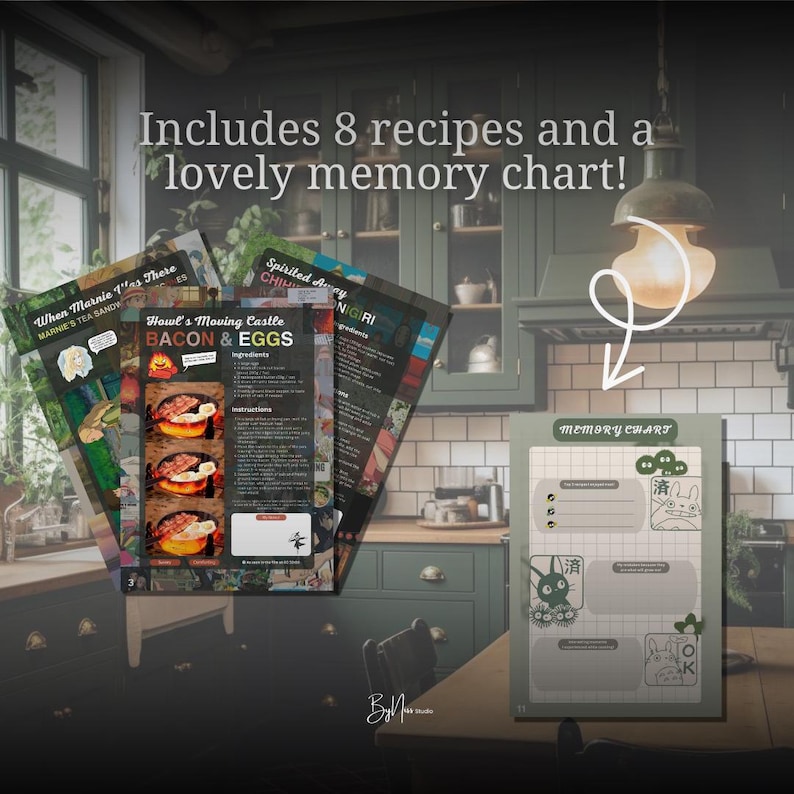 May include: A collection of recipe cards and a memory chart. The recipe cards feature colorful illustrations and text, including "Bacon & Eggs" and "Nigiri." The memory chart is light green with illustrations and the text "Memory Chart."
