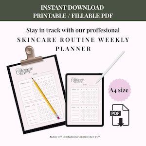 May include: A skincare routine weekly planner with the text "Skincare Routine" and a grid for tracking. The planner is available as a printable and fillable PDF. Includes a clipboard, a tablet, a pencil, and a stylus.