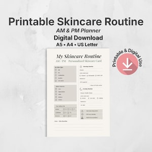 Può includere: Un pianificatore di routine per la cura della pelle stampabile con sezioni AM e PM, disponibile come download digitale. Il pianificatore include sezioni per il tipo di pelle, i passaggi della routine e i migliori consigli per la cura della pelle.