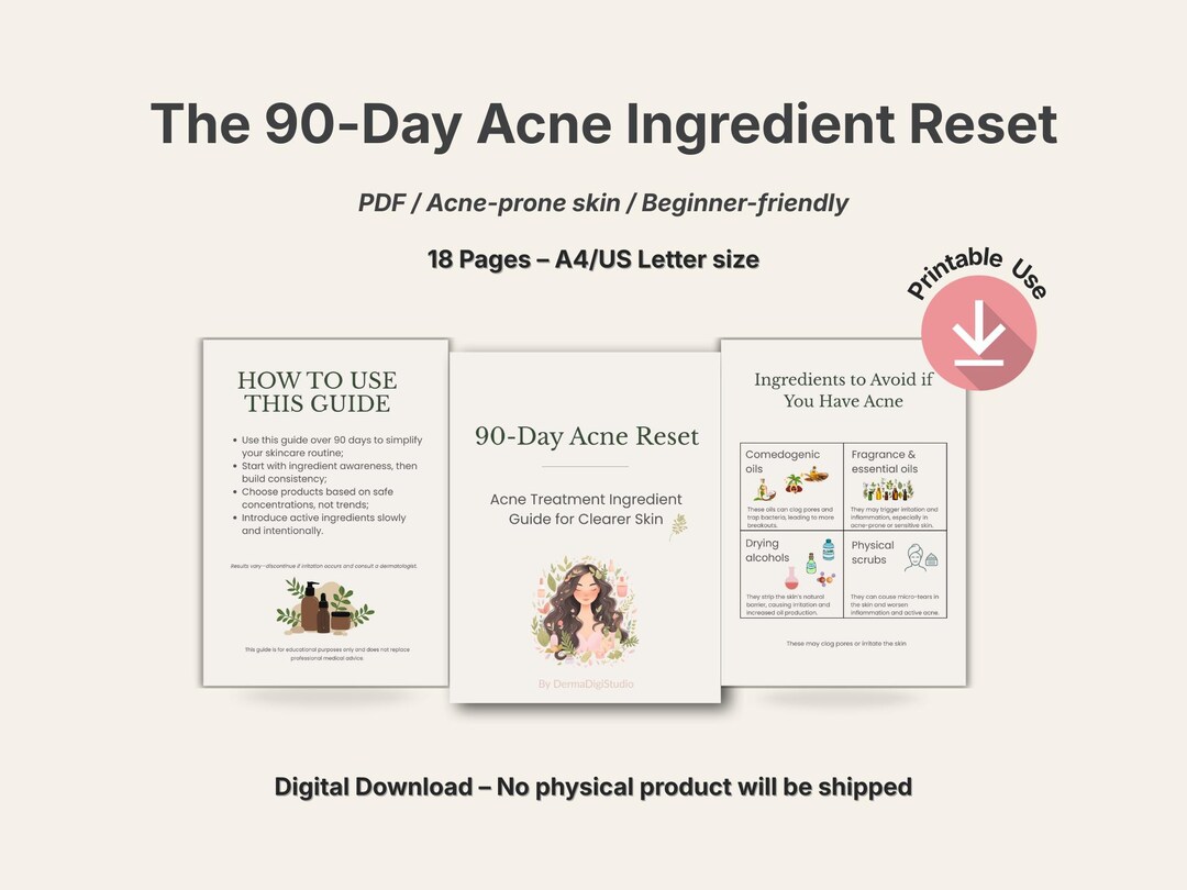 Acne Ingredient Guide | 90-day Skincare Reset (printable PDF A4/US ...