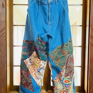 Handcrafted Patchwork Denim Pants: Vintage Paisley, Wide Baggy Fit