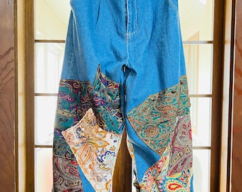 Handcrafted Patchwork Jeans: Vintage Paisley, Wide Baggy Fit